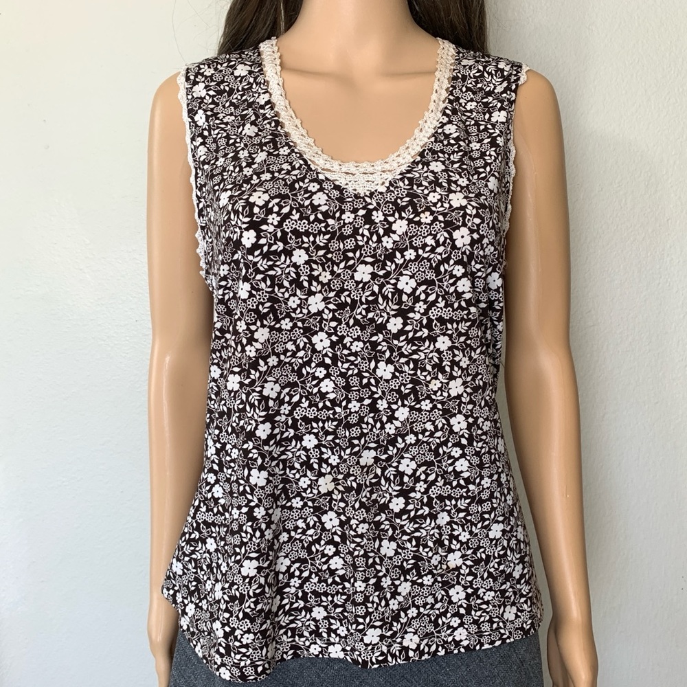 ✨Oscar De La Renta✨ Sz XL Y2K Designer Vintage Top Brown Cream Floral Tank 2000s
